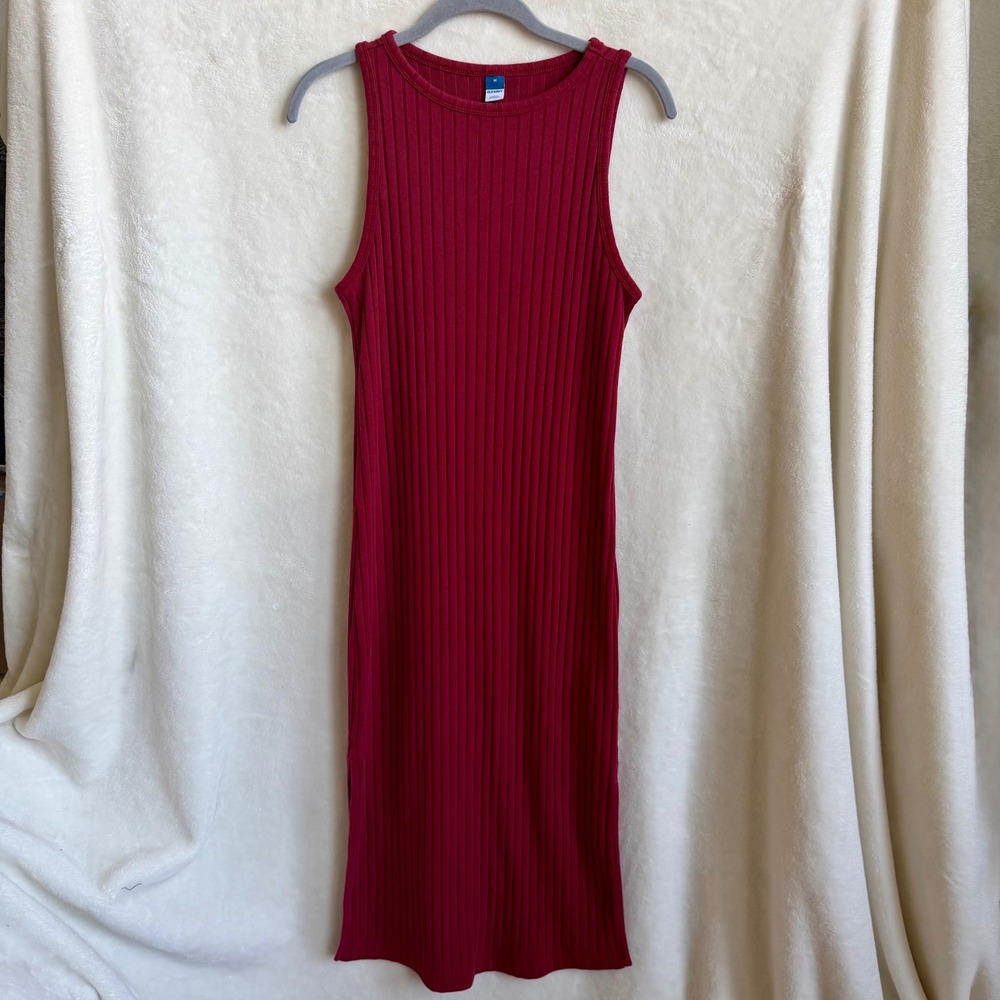 Old Navy Sz M Burgundy Wine Ribbed Knit Bodycon Sleeveless Midi Dress Side Slit